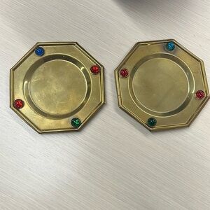 Set of 2 Vintage Brass Multicolored Cabochon Stones Octagon Coasters